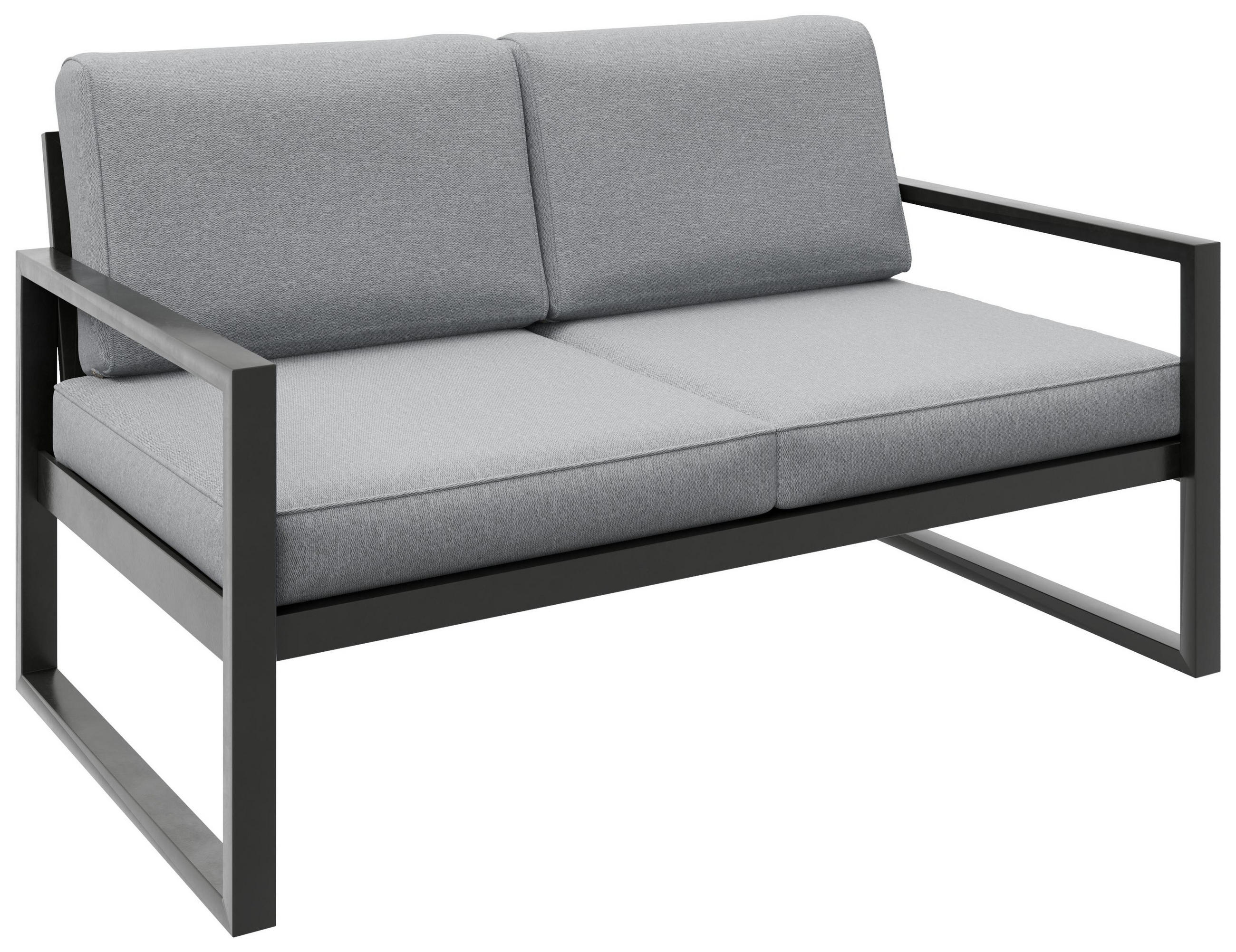 GARTENBANK Bellano Outdoor 2-Sitzer Polster-Loungebank, Stahlgestell Schwarz, Hellgrau 76/146/80 cm - Grau, Textil (146/86/80cm) - WFL GROUP
