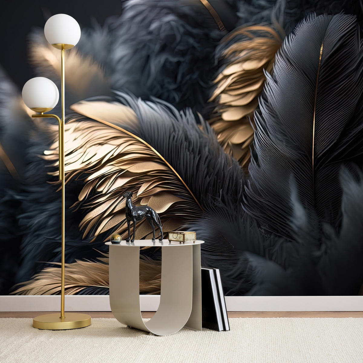 FOTOTAPETE Federn Abstraktion Stil Glamour 250x175 - Beige/Schwarz, Papier (250/175cm) - Muralo