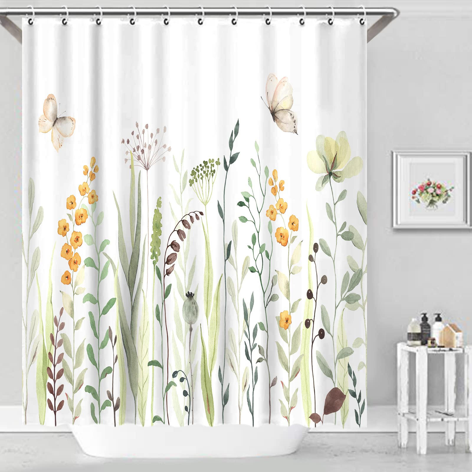 DUSCHVORHANG Blumen und Pflanzen Muster Polyester wasserabweisend waschbar mit Ringen - Weiß, Textil (180/200cm) - MCBOSON