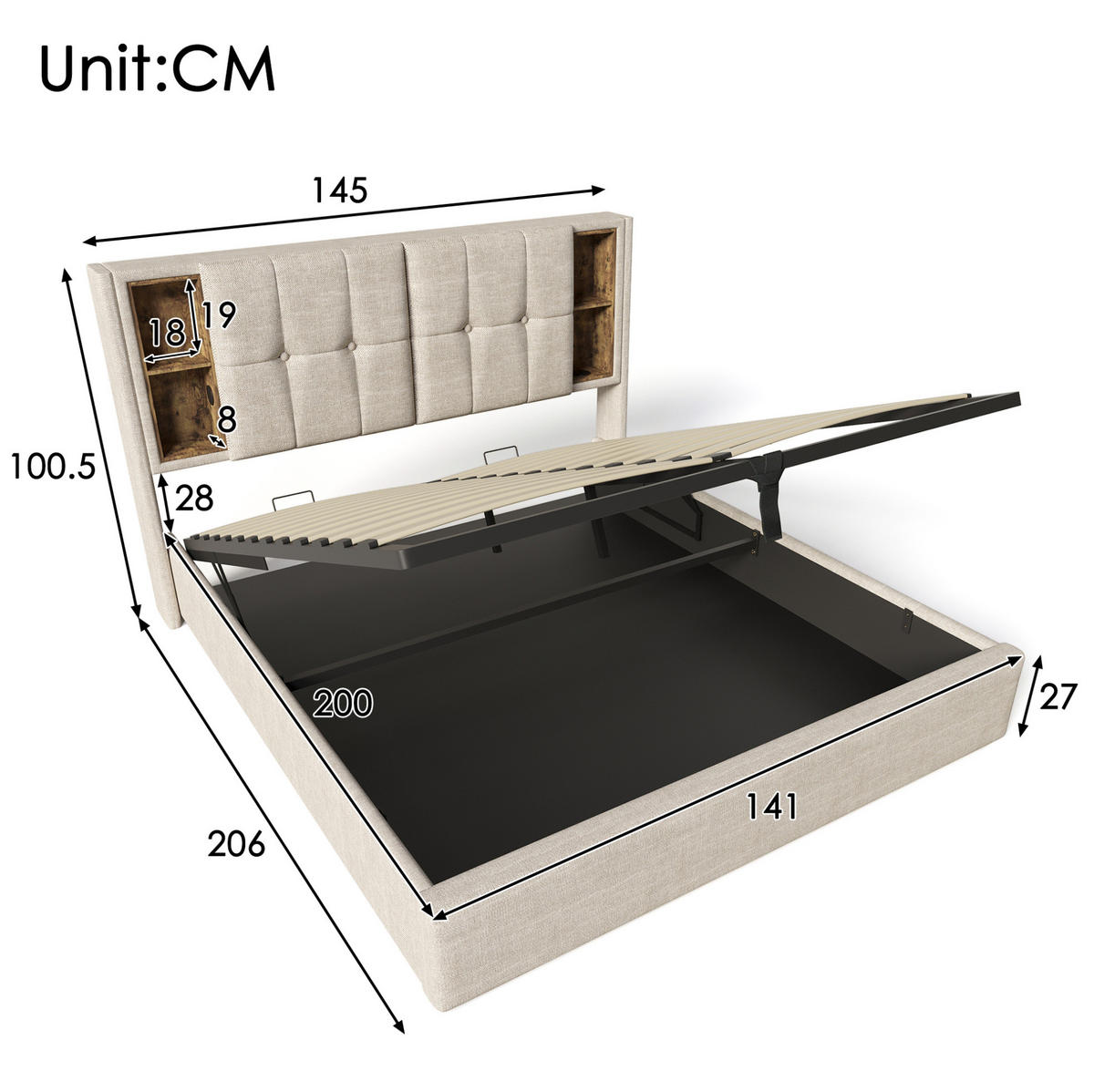 POLSTERBETT mit Stauraum 140x200 cm Leinen Natur mit USB & kabellosem Laden - Beige, Metall (140/200cm) - Meubliv