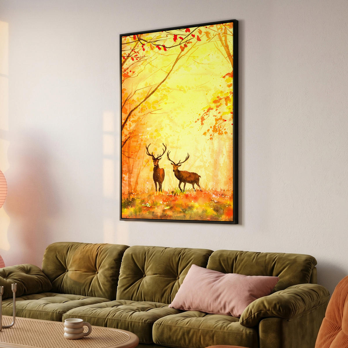LEINWAND Bilder mit Rahmen - Natur - Ölfarbe - Hirsche - Tiere - Herbst - Orange - 80x120 - Orange, Textil (80/120cm) - MuchoWow
