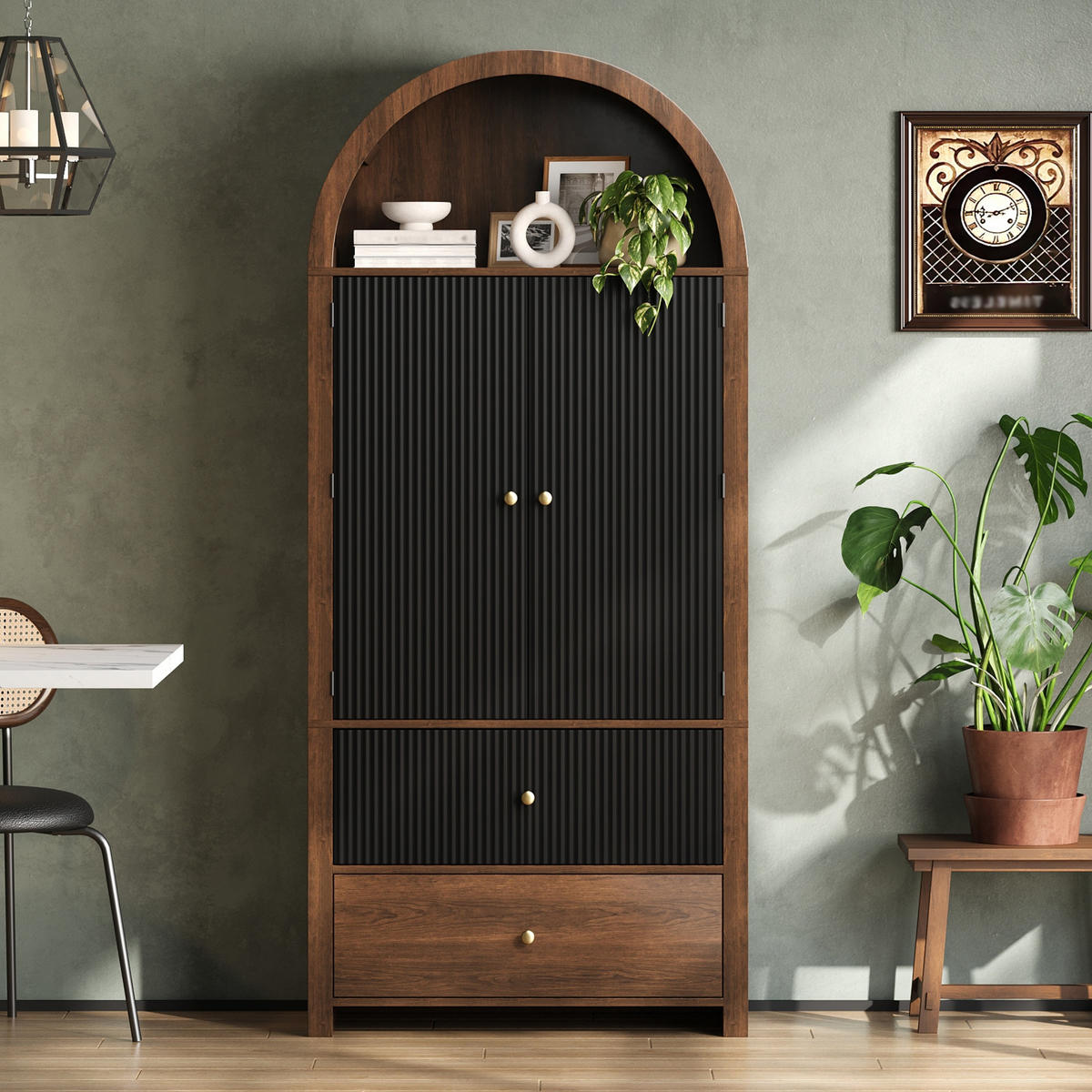 MEHRZWECKSCHRANK mit Bogendesign, Stauraum & Vintage-Optik (MDF), Schwarz, 40/80/180cm - Walnussfarben/Schwarz, Holzwerkstoff (80/180/40cm) - EVRYAE