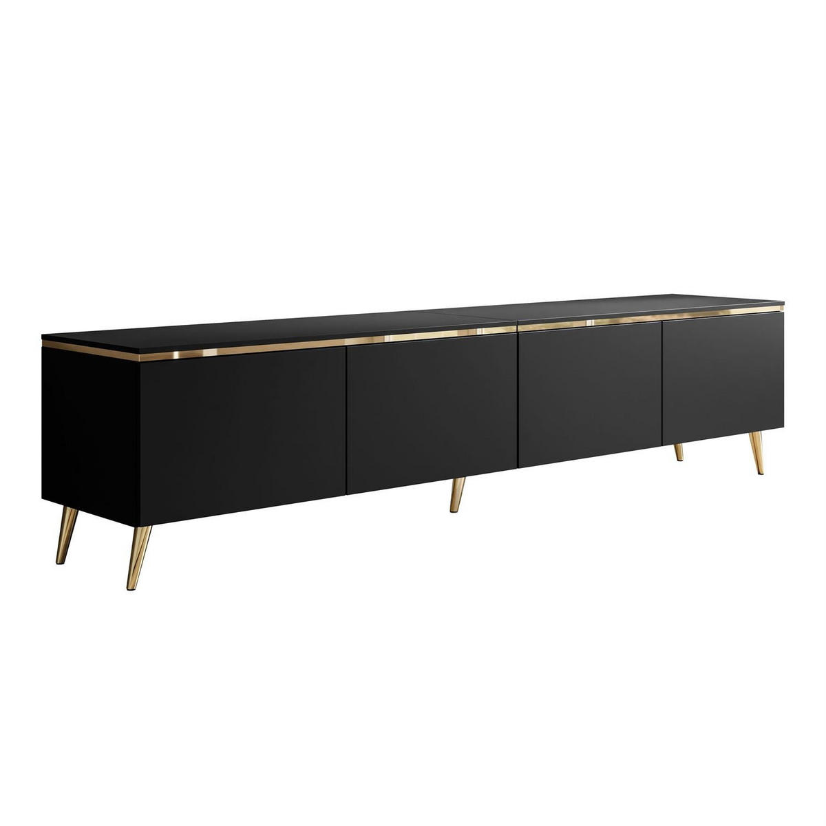 TV-SCHRANK CELINE 200 cm schwarz matt auf schräge goldenen Füßen - Schwarz, Holzwerkstoff (200/49/40cm) - Lookway