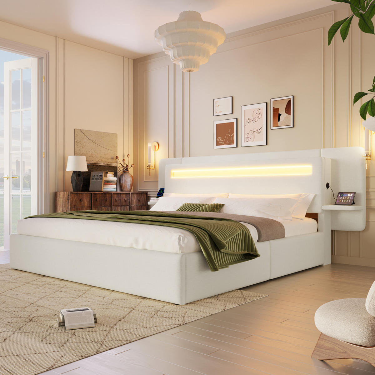 POLSTERBETT 180 x 200 cm in beige, mit hydraulischem Stauraum und integriertem Nachttisch - Beige, Holz/Textil (180/200cm) - KOMHTOM