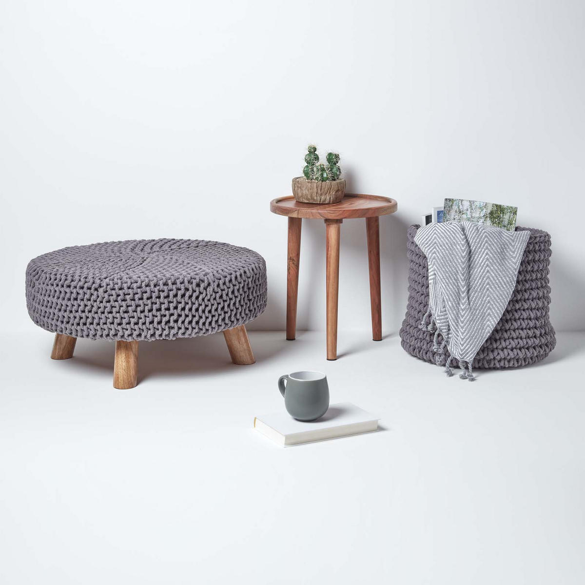 STRICK-HOCKER grau, rund 62/62/30 cm - Grau, Textil (62/30/62cm) - Homescapes