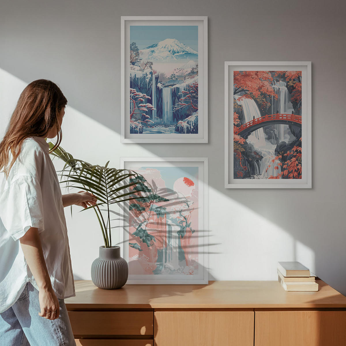 WANDBILDER 3er-Set - 40x60 cm Weißer Rahmen - Wasserfälle, Berge, Brücken, Bäume - Weiß, Kunststoff (40/60cm) - ArtPrintCave