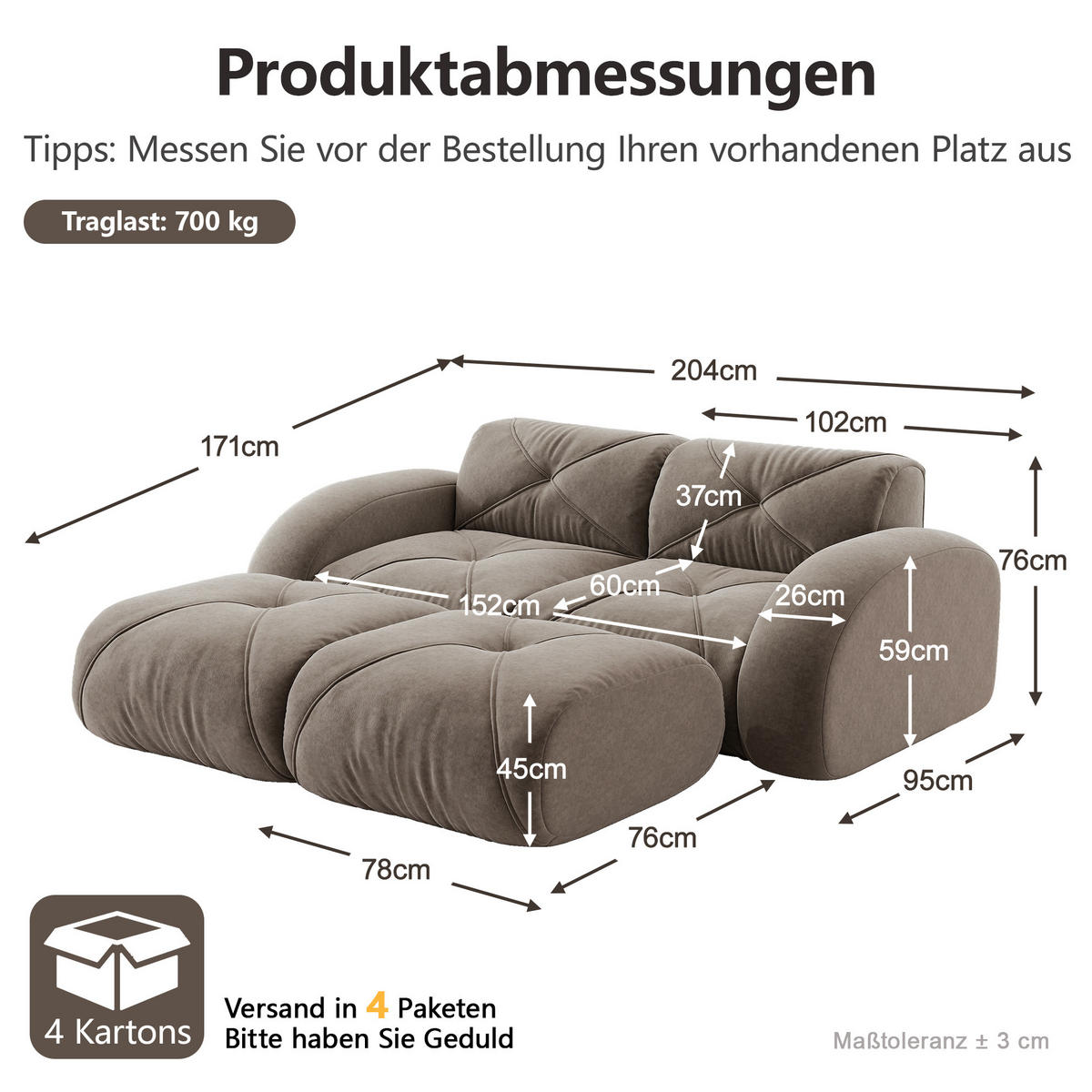 POHOVKA modulárna 2-miestna s 2 taburetkami zo ženilky taupe - taupe, textil (171/76/204cm) - Flora Grace