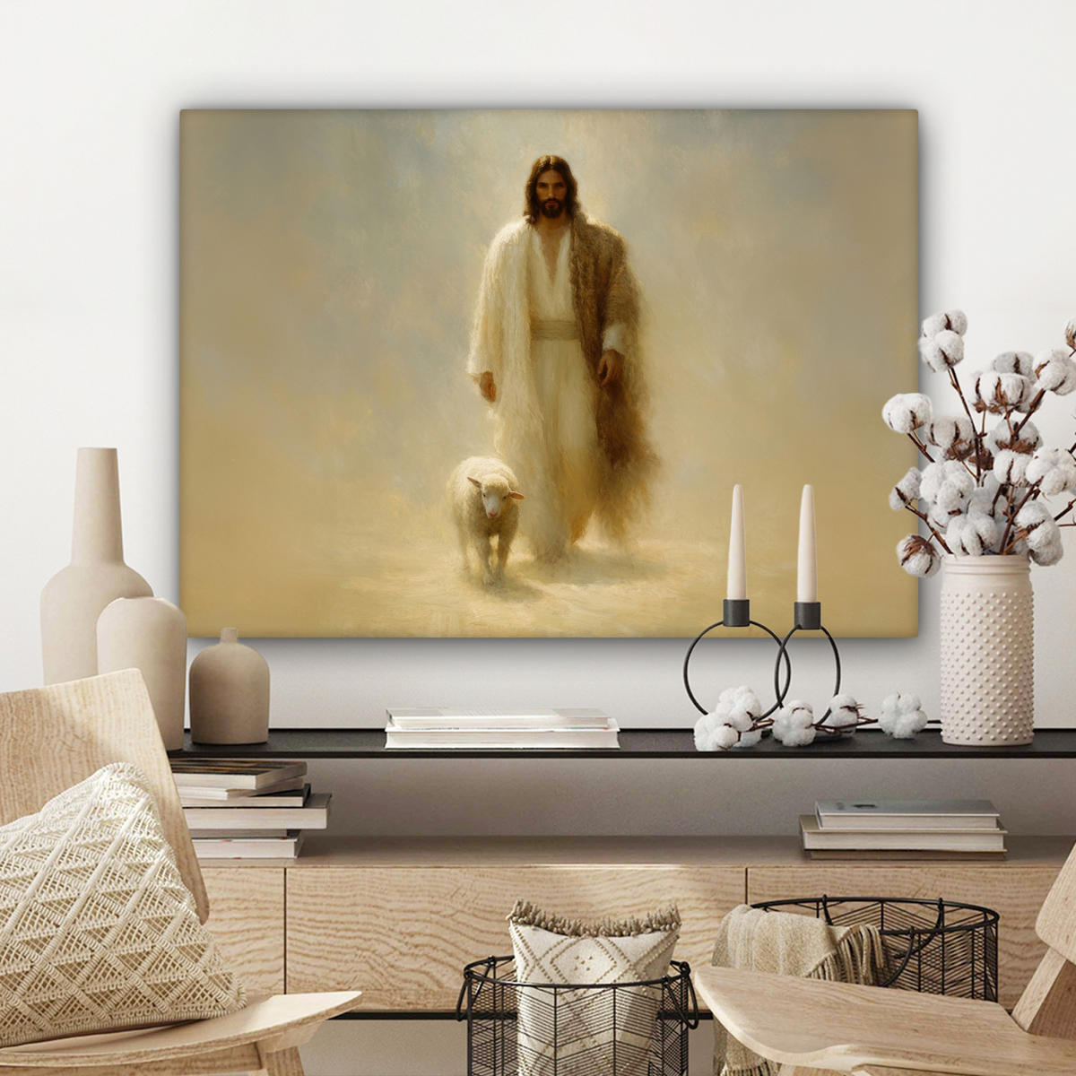LEINWANDBILD Schaf - Jesus - Pinselstriche - Abstrakt Wandbilder 80x60 cm - Sandfarben, Textil (80/60cm) - MuchoWow