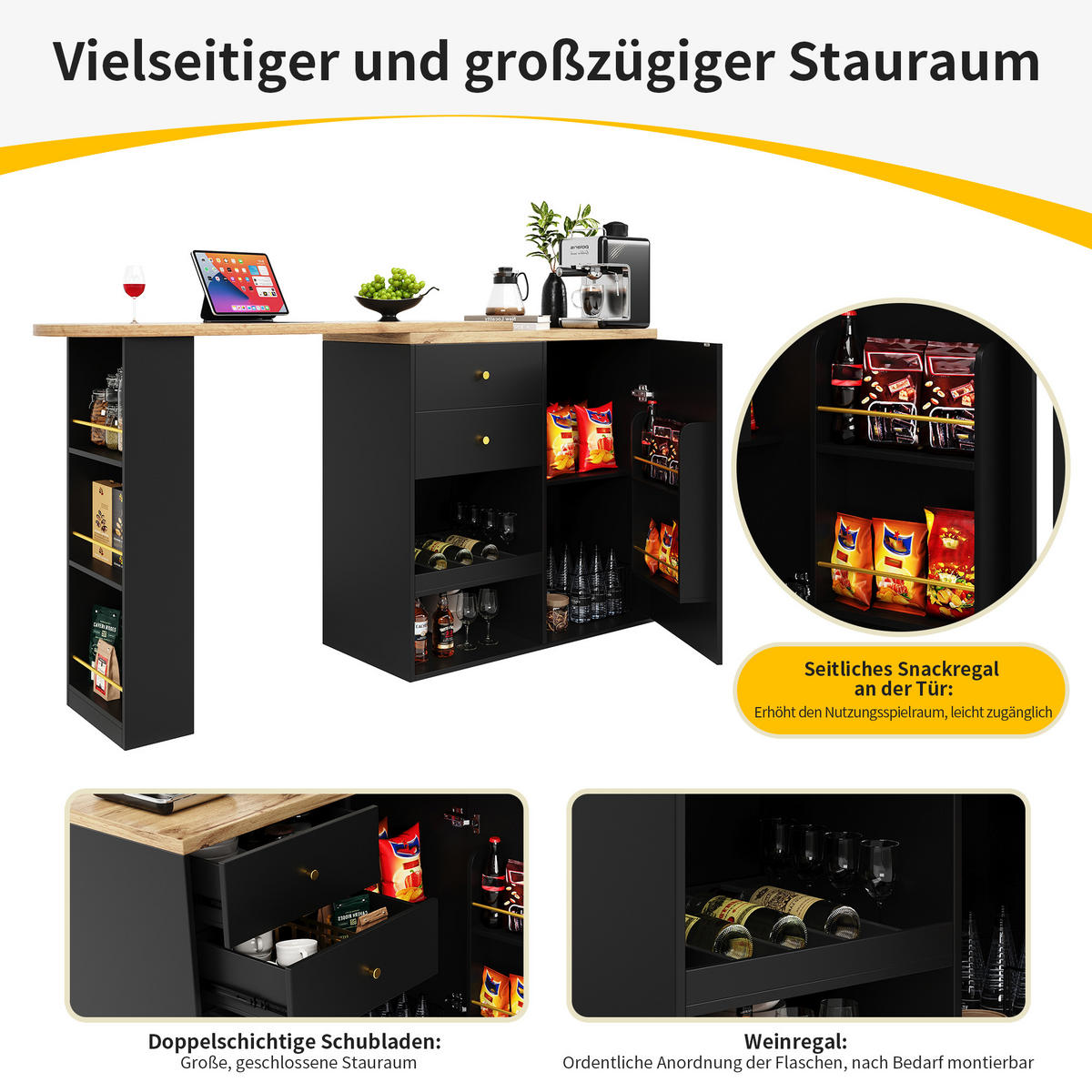 KÜCHENINSEL Schwarz mit drehbaren Regalen & 4 Schubladen (MDF) - Schwarz, Holzwerkstoff (105/102/39cm) - Modfu