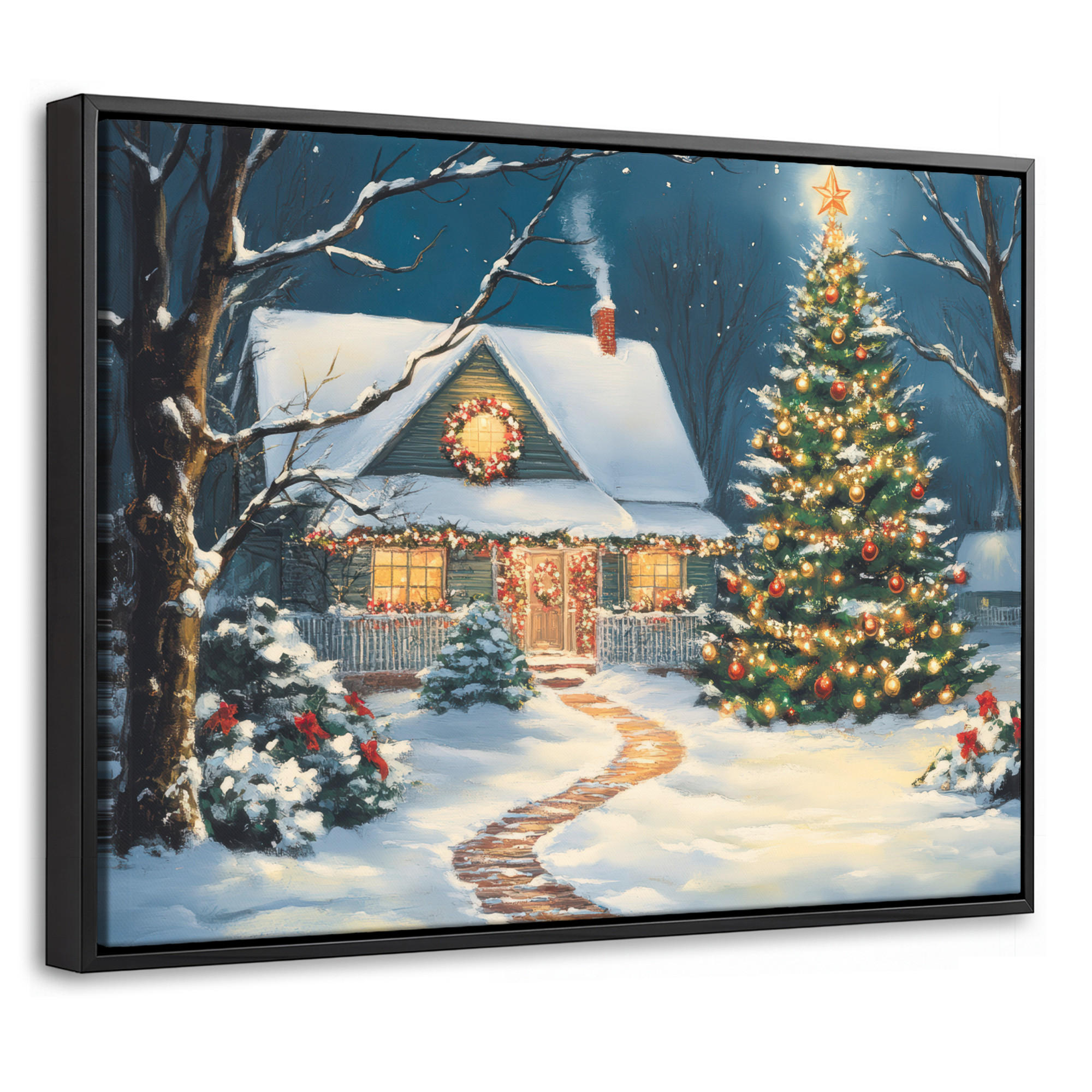 LEINWAND Bilder mit Rahmen - Weihnachten - Weihnachtsbaum - Winter - Zuhause - Schnee - 40x30 - Smaragdgrün, Textil (40/30cm) - MuchoWow