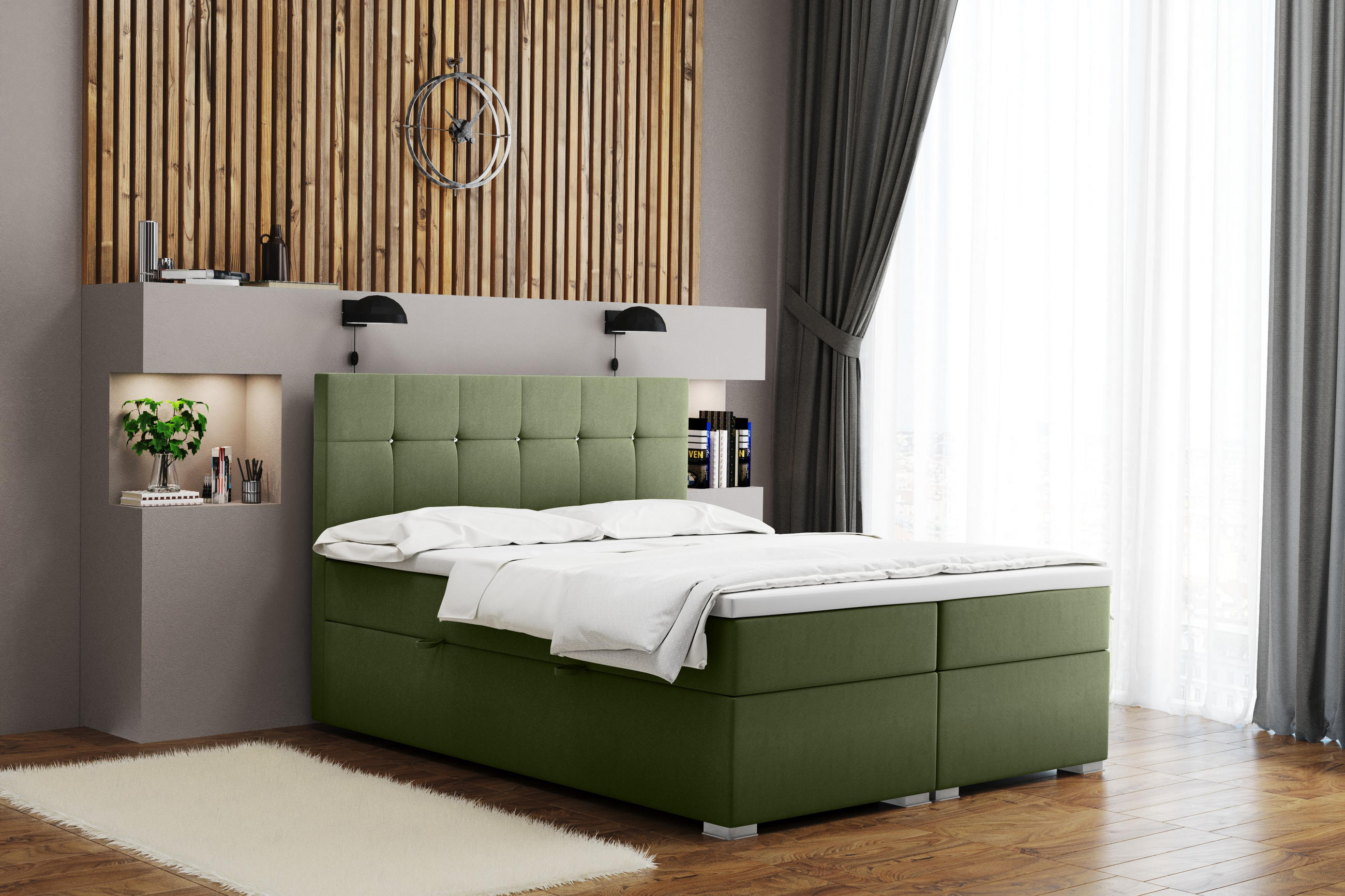 BOXBETT Mit Matratze Und Bettkasten LINDT Stoff Velvet 200x200 cm Olive H3-Bonell - Olivgrün, Holz (200/200cm) - Kaiser Möbel