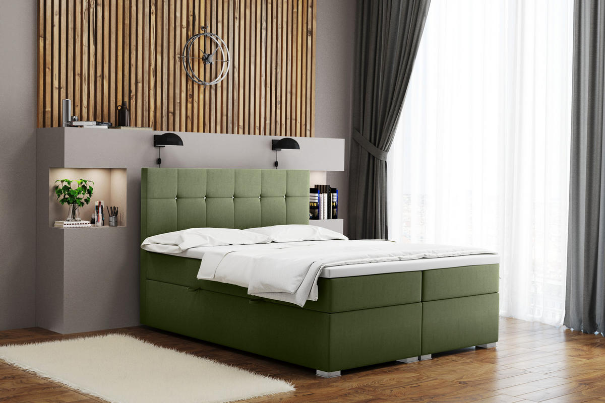 BOXBETT Mit Matratze Und Bettkasten LINDT Stoff Velvet 200x200 cm Olive H2-Pocket - Olivgrün, Holz/Holzwerkstoff (200/200cm) - Kaiser Möbel