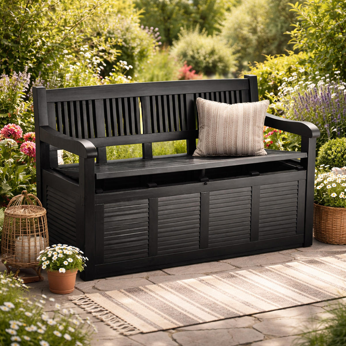 GARTENBANK inkl. Stauraum - Schwarz, Kunststoff (60/85/130cm) - Bestlivings