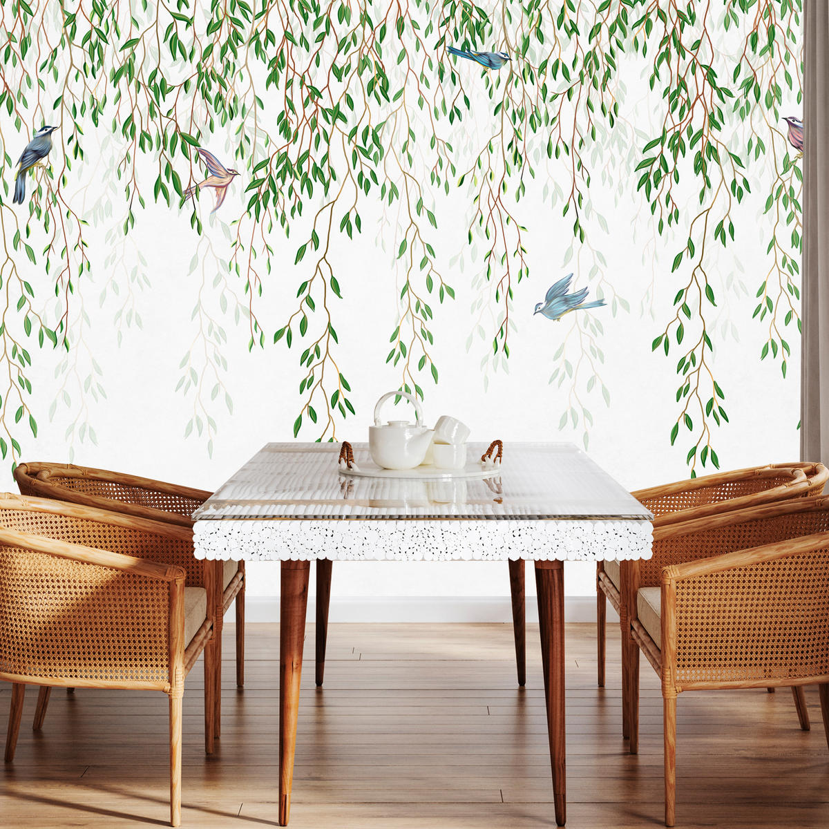 FOTOTAPETA Pre Spálňu Smútočná Vŕba Konáre Vtáky Jar Listy 450 x 315 cm - hnedá/modrá, papier (450/315cm) - Muralo