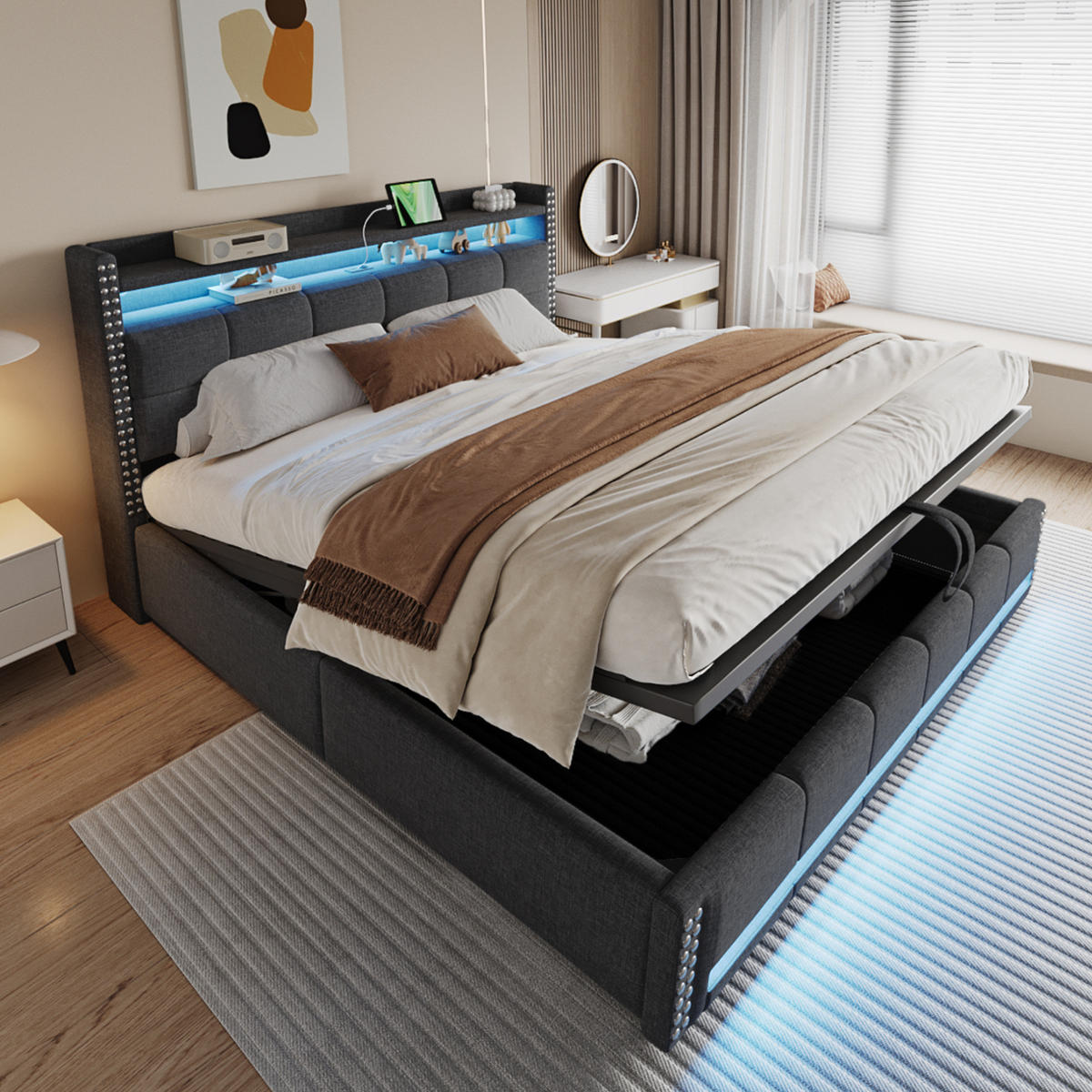 POLSTERBETT 180/200 cm Grau aus Leinenstoff mit LED und Stauraum - Grau, Textil (180/200cm) - OKMYHOME
