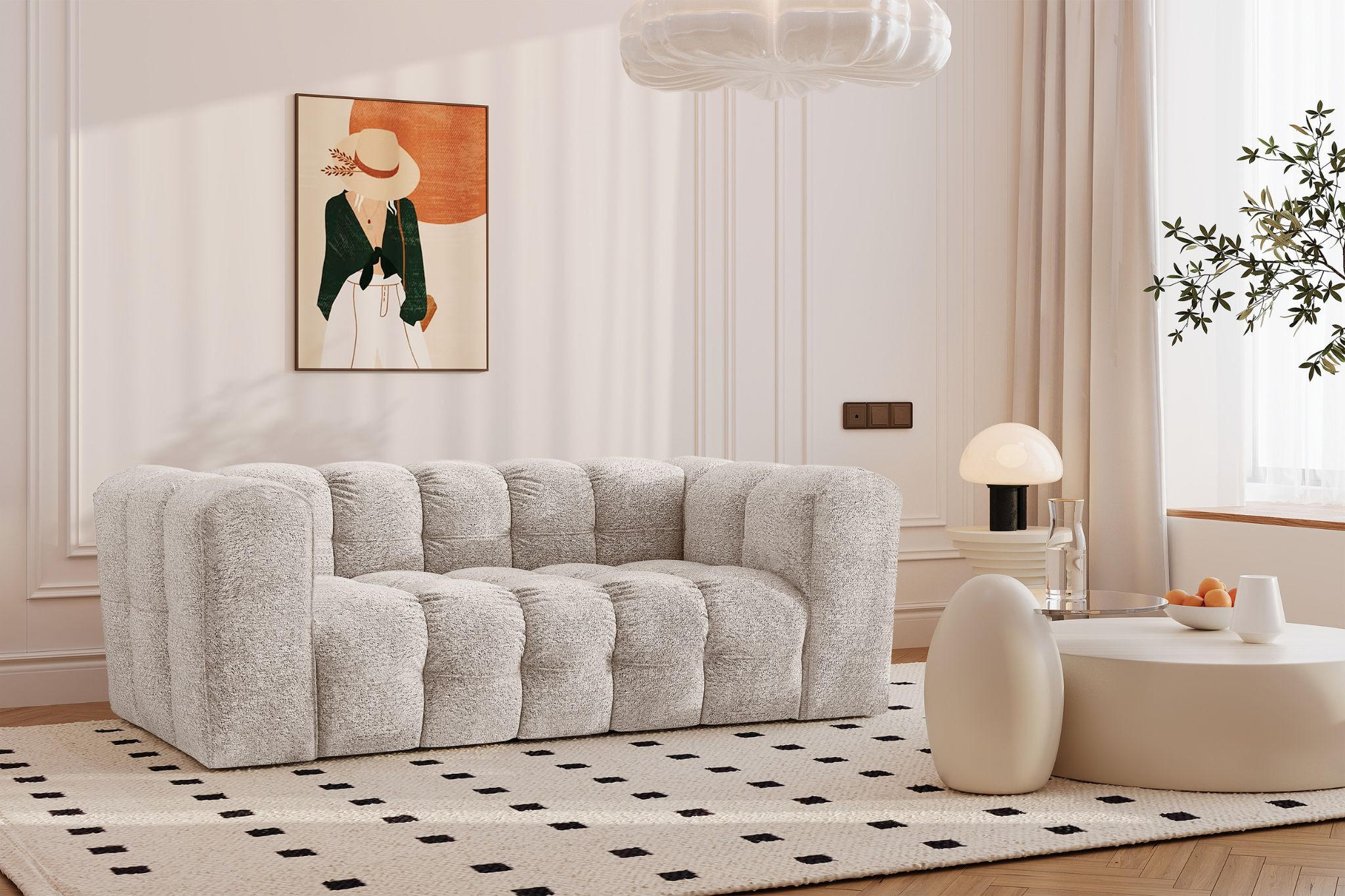 SOFA 2-Sitzer, Komfort, BALOO, stoff Schenille & Bouclé, Ecru - Ecru, Holz (196/75/106cm) - Kaiser Möbel