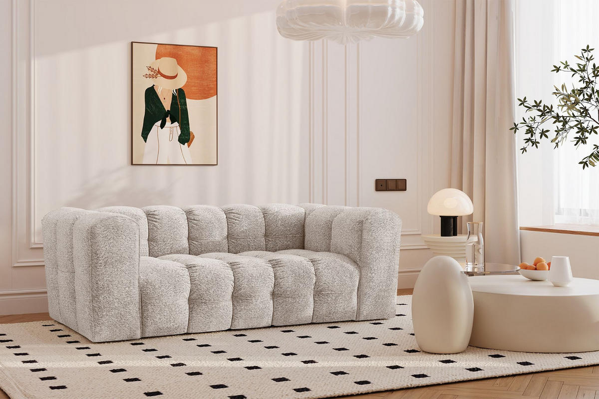 SOFA 2-Sitzer, Komfort, BALOO, stoff Schenille & Bouclé, Ecru - Ecru, Holz (196/75/106cm) - Kaiser Möbel