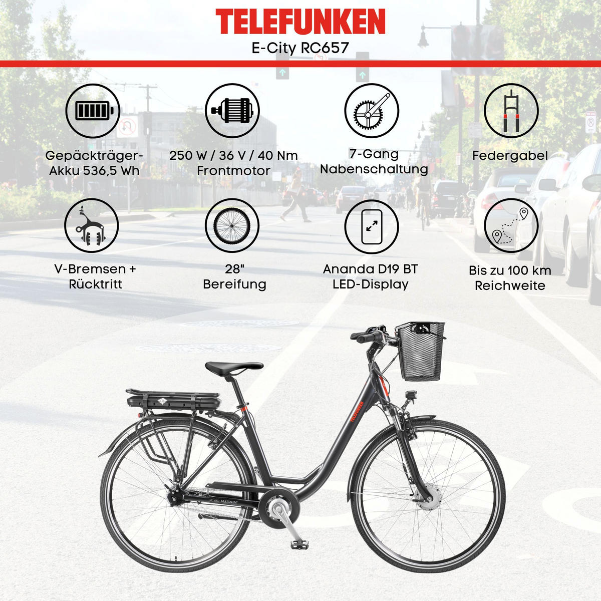 E-BIKE Cityrad Multitalent RC657 28 Zoll Elektrofahrrad 536,5 Wh Frontmotor 7-Gang-Kettenschaltung - Anthrazit, Metall (110cm) - Telefunken