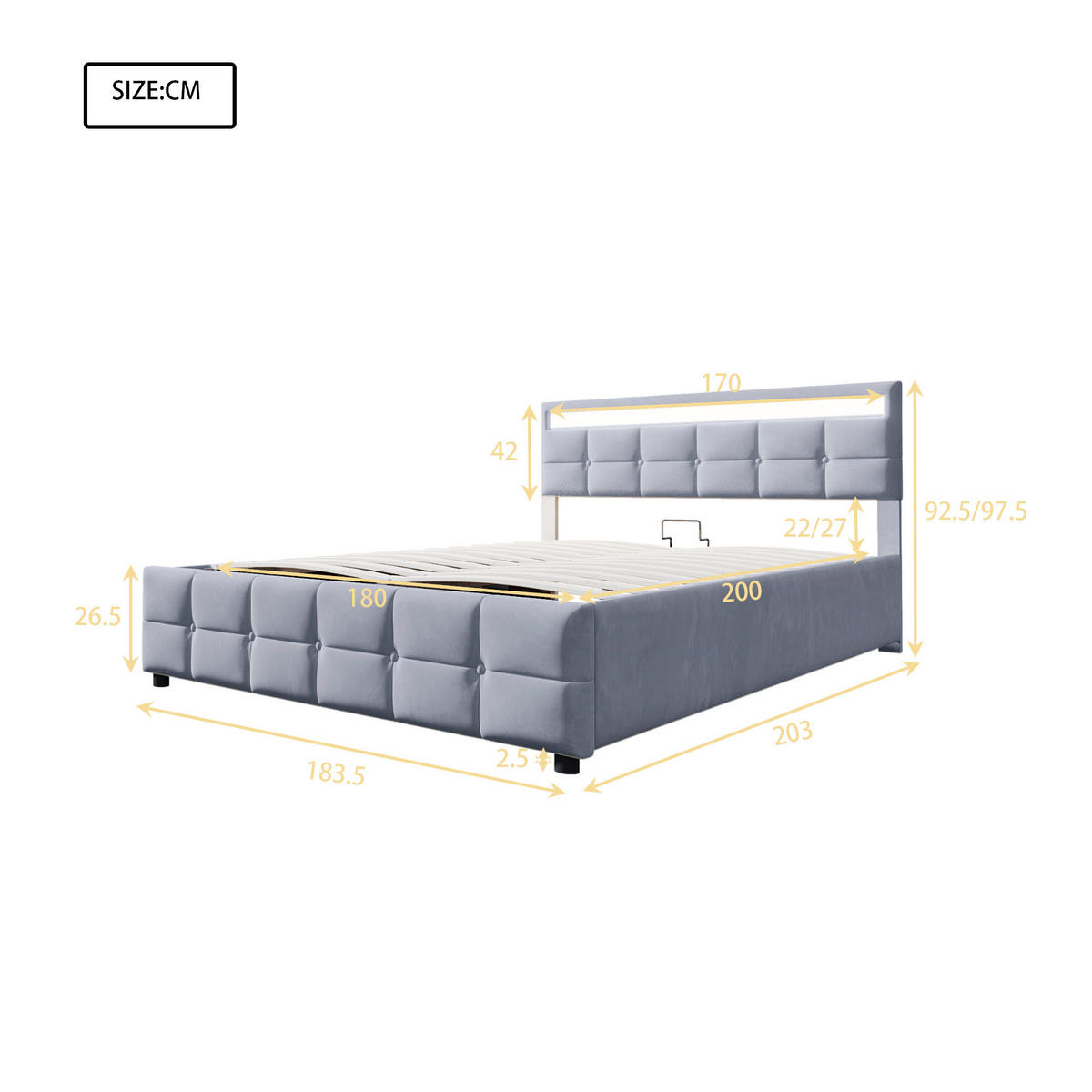 POLSTERBETT 180/200 cm in Grau Samt mit Bettkasten und LED - Grau, Holzwerkstoff/Textil (180/200cm) - WISHDOR