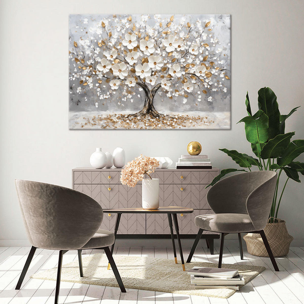 WANDBILD baum weiße blumen goldene blätter - Weiß, Textil (60/40cm) - Feeby