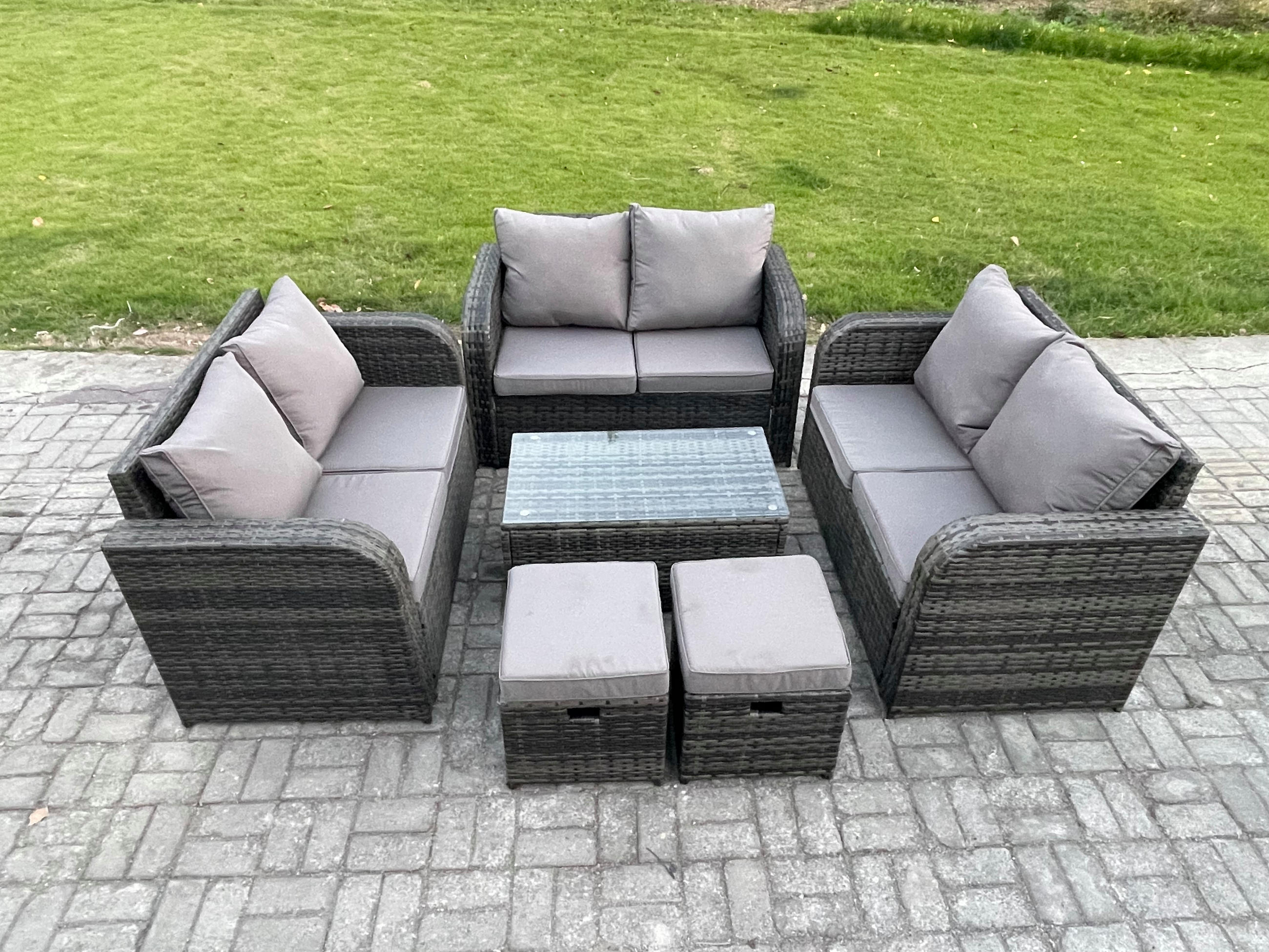 GARTENMÖBELGARNITUR mit KISSEN Polyrattan Dunkelgrau 8-Sitzer - Dunkelgrau/Grau, Glas/Kunststoff - Fimous