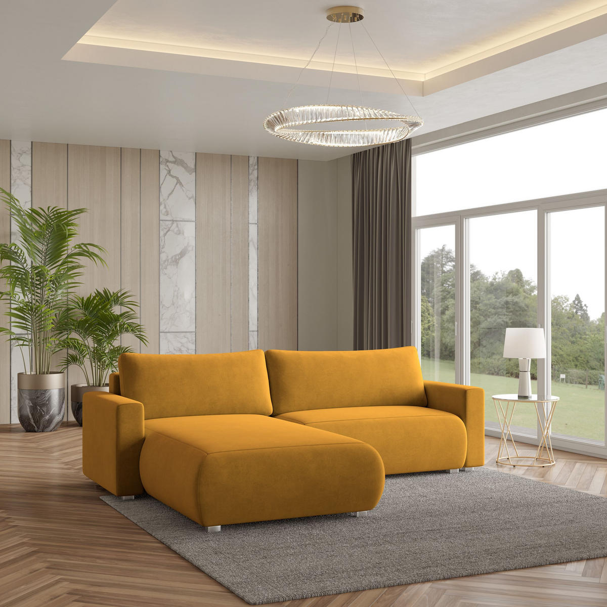 ECKSOFA TURIN M Gelb Velours-Stoff mit Schlaffunktion - Gelb, Holz (265/183cm) - MASSENO