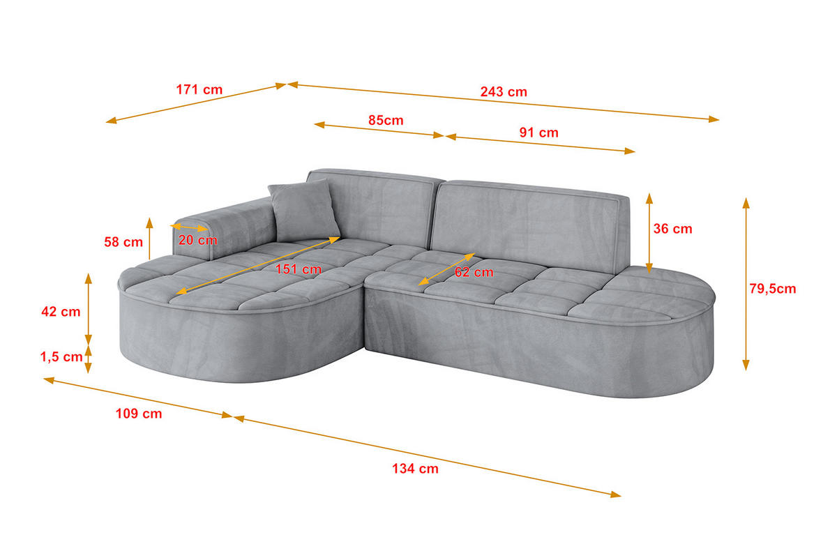 ECKSOFA Ottomane Links TARO-L1 - 243x171x79,5 cm Hellgrau - Grau, Holzwerkstoff/Textil (243/171cm) - ALTDECOR