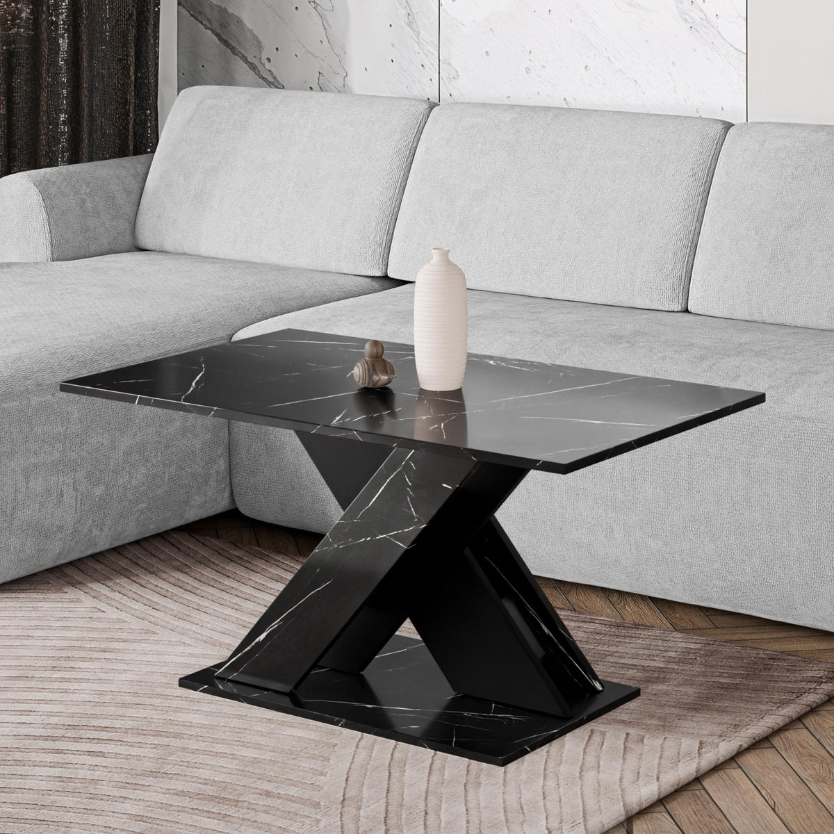 COUCHTISCH 110 cm Schwarzen Marmor-Optik - Schwarz Hochglanz, Holzwerkstoff (60/110/55cm) - Home Collective