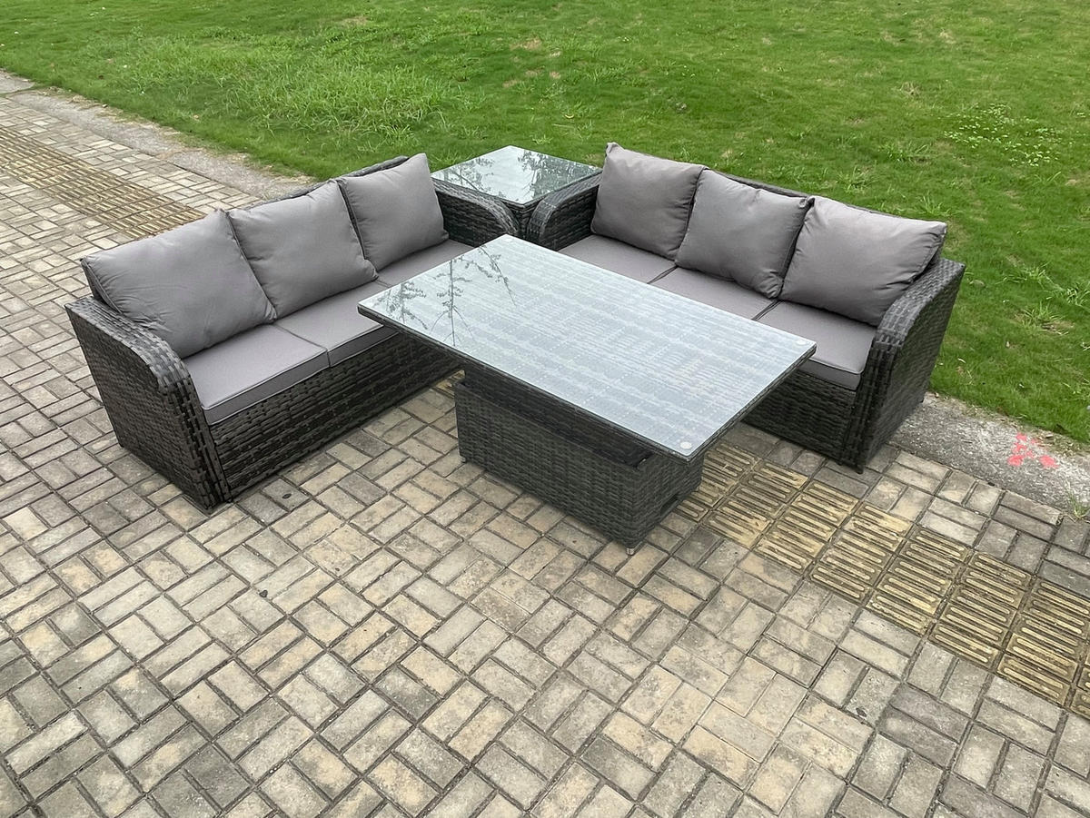 LOUNGESOFA Polyrattan 6-Sitzer - Dunkelgrau/Grau, Glas/Kunststoff - Fimous