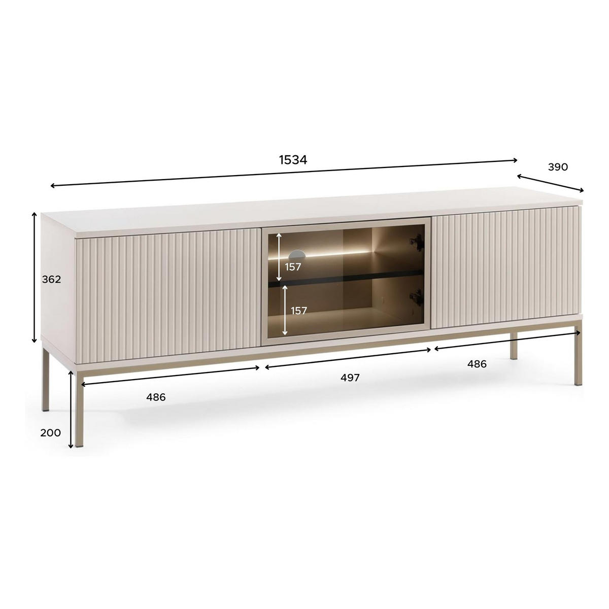 LOWBOARD Laval RTV154 – Kaschmir - Kaschmir/Eiche Artisan, Glas/Holzwerkstoff (154/56/39cm) - Komodee