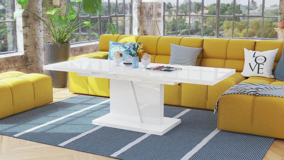 COUCHTISCH rechteckig Weiß Hochglanz - Weiß matt ausziehbar höhenverstellbar - Weiß Hochglanz/Weiß, Holzwerkstoff (70/120/60cm) - designimpex