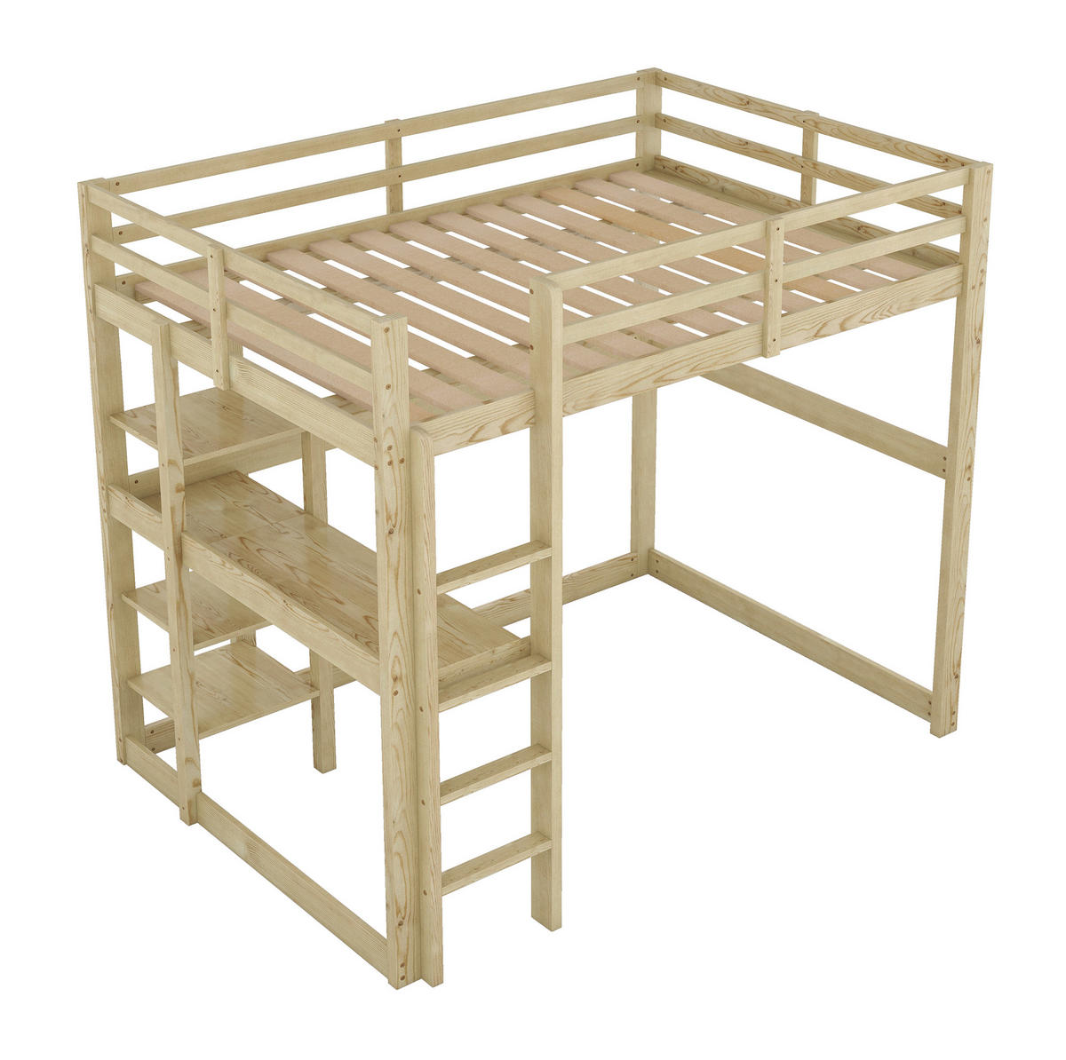 HOCHBETT aus Kiefernholz und MDF 140x200 cm Natur mit Schreibtisch und 4 Ablagefächern, platzsparend - Naturfarben, Holzwerkstoff (140/200cm) - Modfu