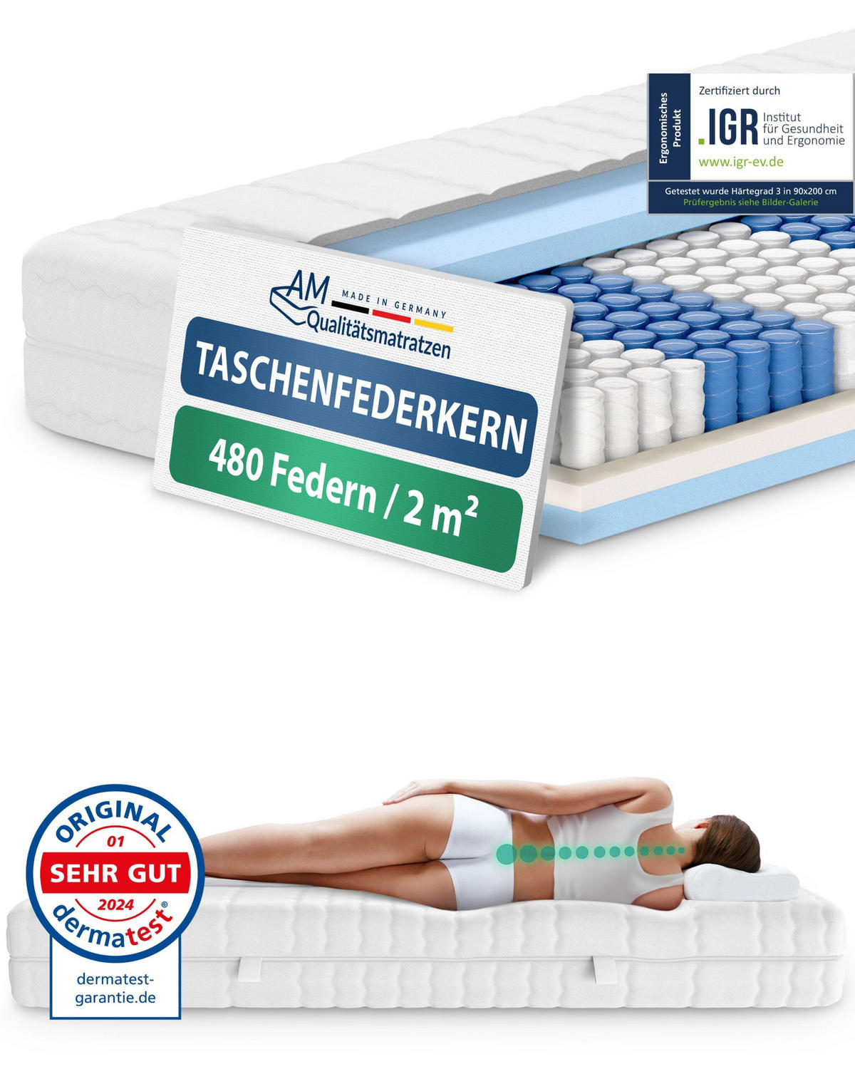 TASCHENFEDERKERNMATRATZE 140/200 cm H3 - 20cm Höhe & Toledo Bezug - Weiß, Textil (140/200cm) - AM Qualitätsmatratzen