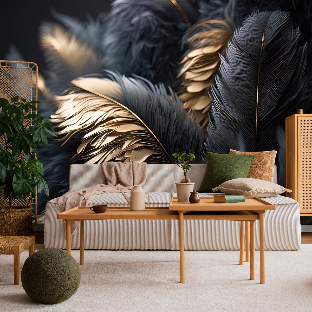 FOTOTAPETE Federn Abstraktion Stil Glamour 250x175 - Beige/Schwarz, Papier (250/175cm) - Muralo