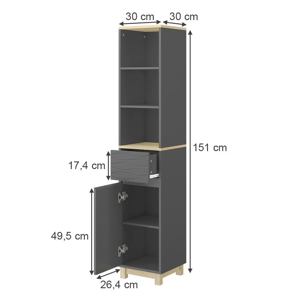 BADEZIMMERMÖBEL Livia Anthrazit 30 x 151.5 cm mit Schublade - Anthrazit/Naturfarben, Holzwerkstoff (30/151/30cm) - Vicco