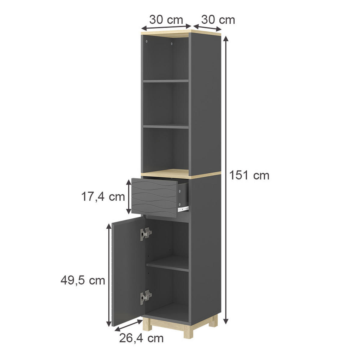 BADEZIMMERMÖBEL Livia Anthrazit 30 x 151.5 cm mit Schublade - Anthrazit/Naturfarben, Holzwerkstoff (30/151/30cm) - Vicco