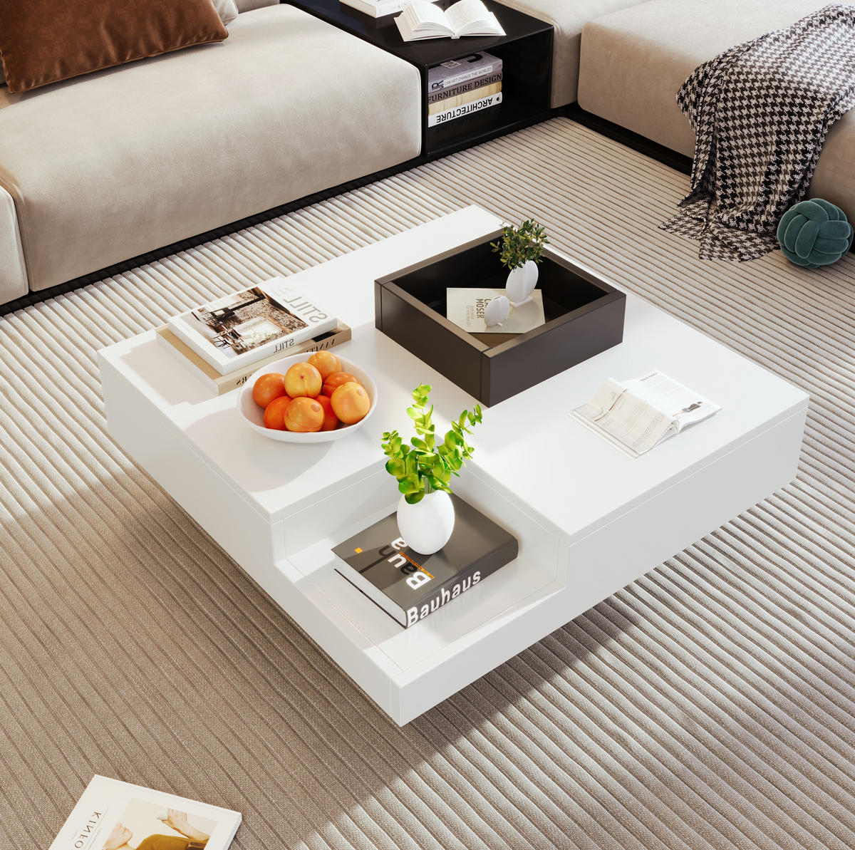 COUCHTISCH, Hochglanz-Design in Weiß und Schwarz mit abnehmbarer Aufbewahrungsbox und mehrfarbiger LED, 72/72/30 cm,Weiß - Weiß, Holzwerkstoff (72/72/30cm) - Redom