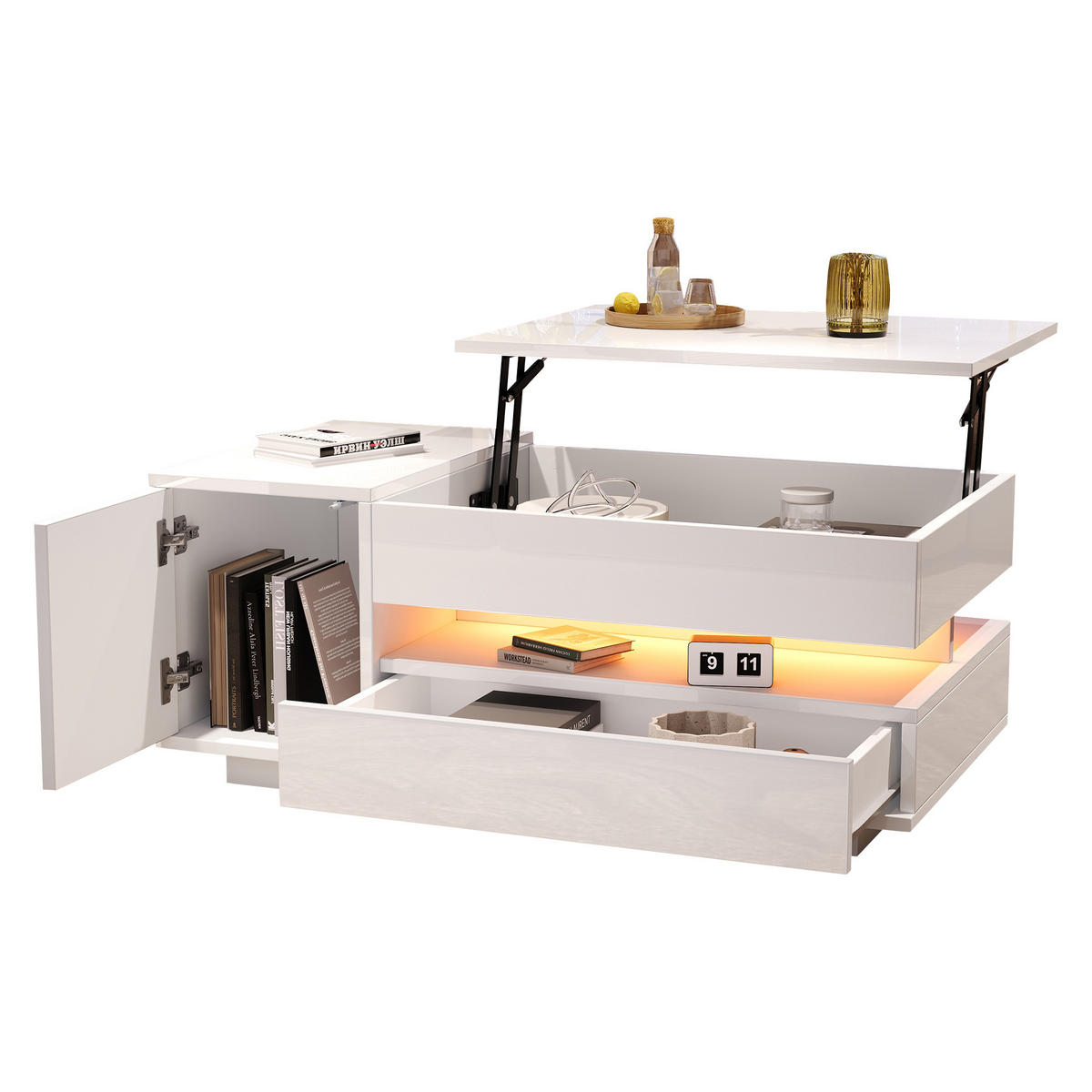 COUCHTISCH 90/50/34,5 cm Weiß aus Holzwerkstoff mit Hubfunktion LED und Stauraum - Weiß, Holzwerkstoff (90/50/34.5cm) - OKWISH