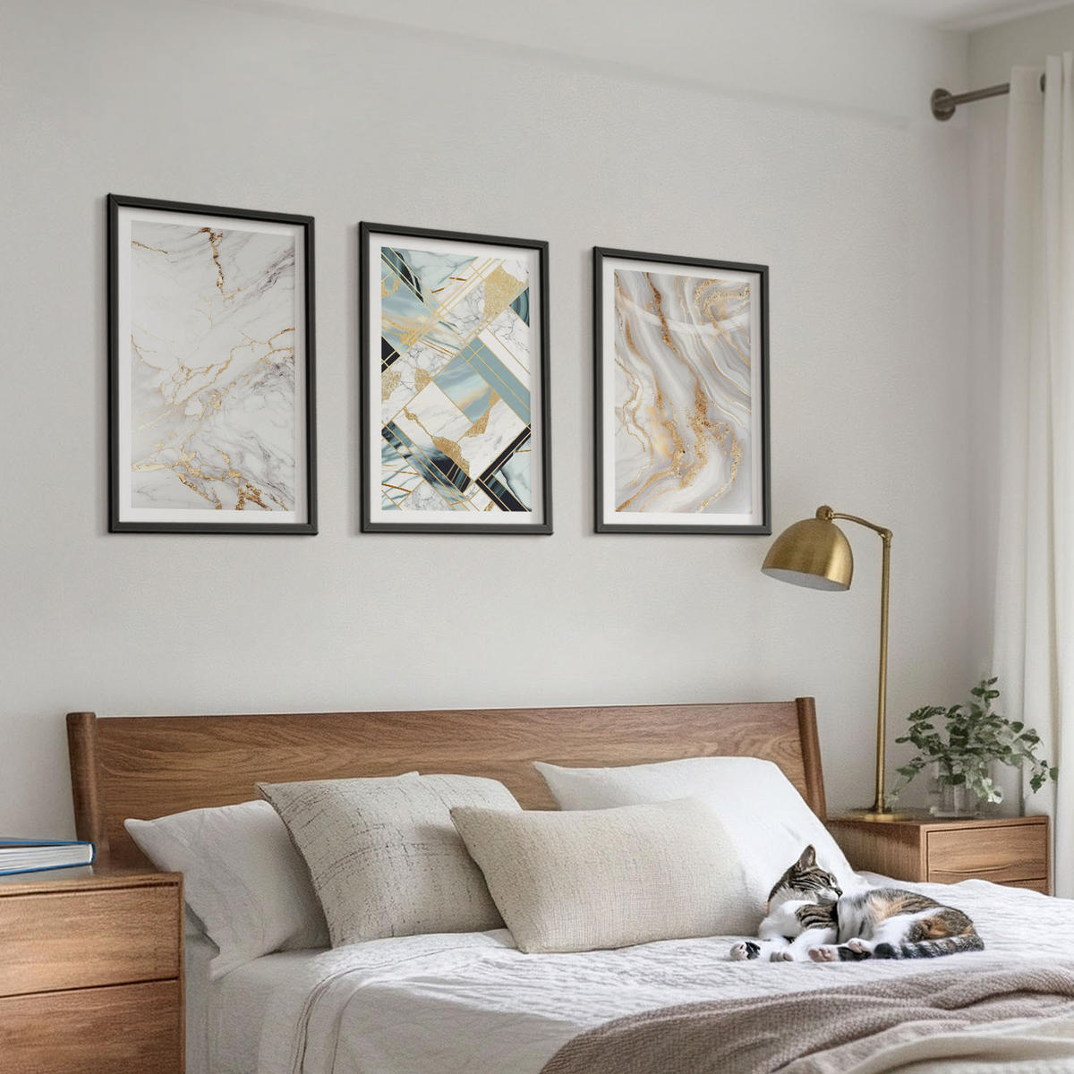 BILDER SET 3er Set - 40x60 cm Schwarzer Rahmen - Elegante Marmormuster - Schwarz, Kunststoff (40/60cm) - TULUP