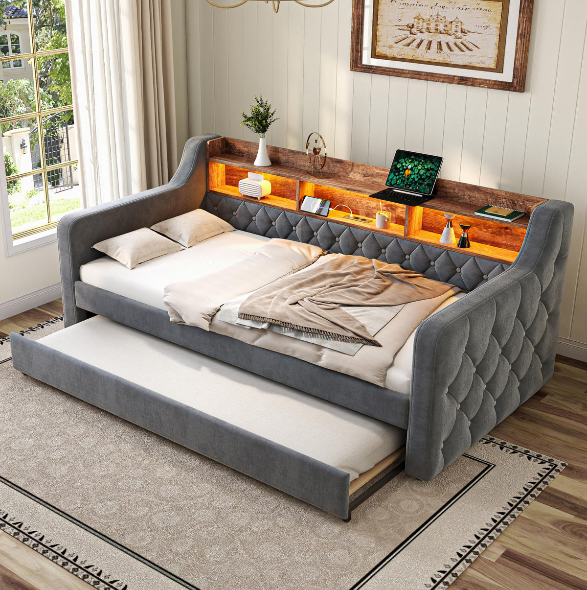 POLSTERBETT 90/180x190 cm aus Samt in Dunkelgrau mit LED und USB- und Type-C-Anschlüssen - Dunkelgrau, Textil (90/190cm) - Flora Grace