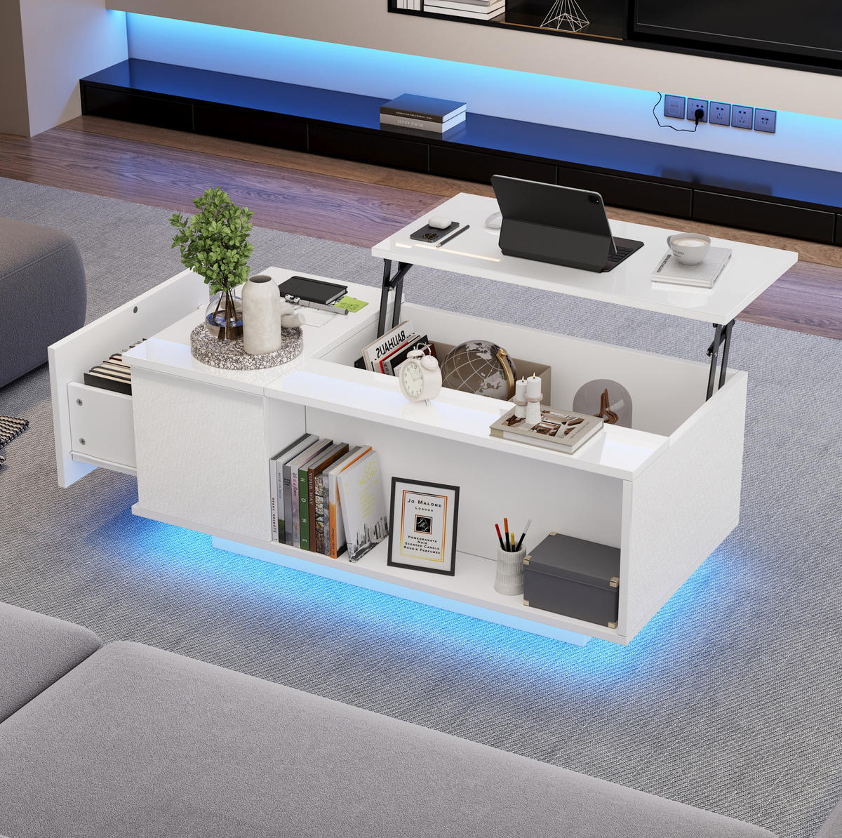KONFERENČNÍ stolek, 100/50/40 cm bílý, výškově nastavitelný s úložným prostorem a LED - bílá, kompozitní dřevo (100/50/40cm) - BEAOK