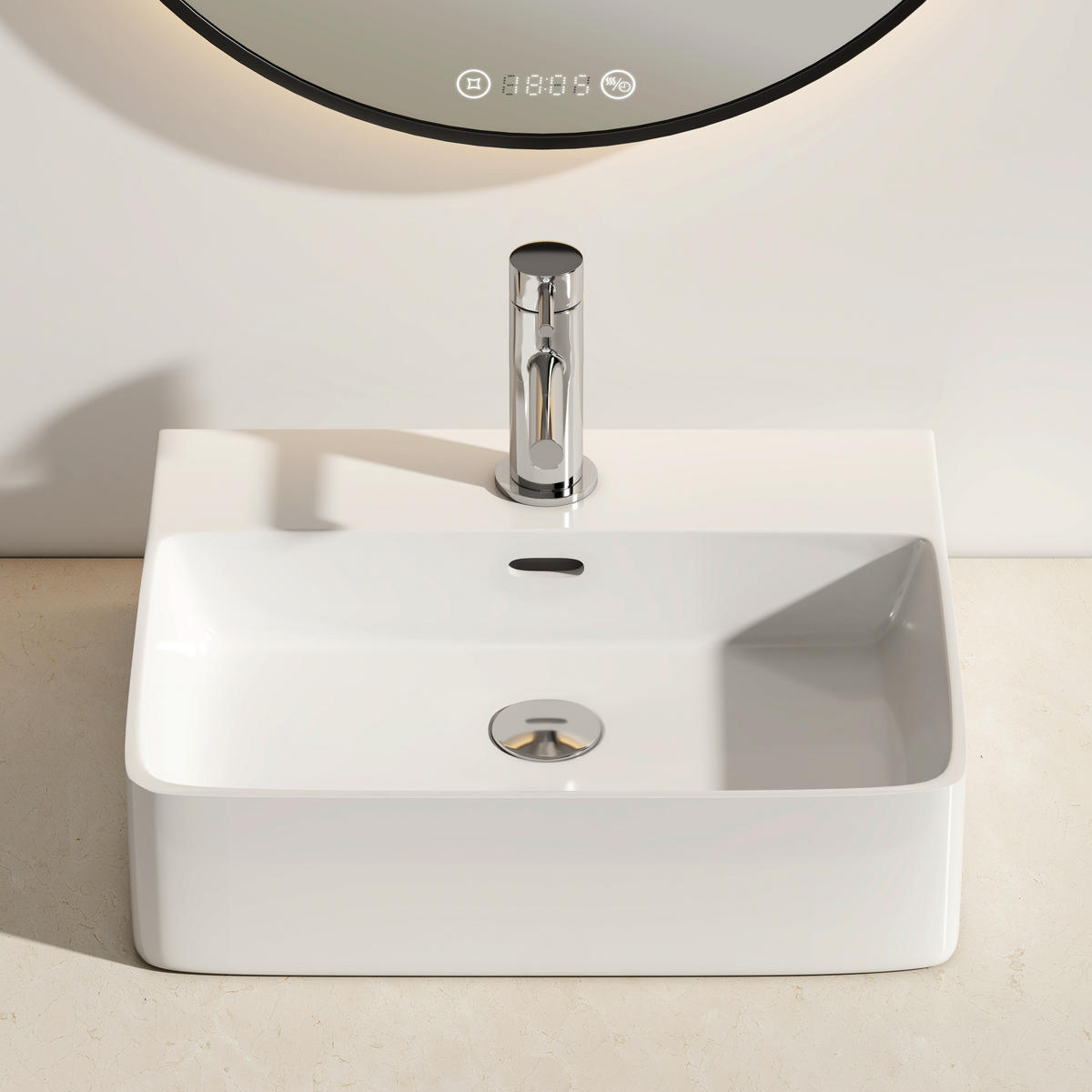 WASCHBECKEN mit 1 Hahnloch, Überlauf und Hahnlochbank, Weiß 50/42,5/13 cm - Weiß Hochglanz, Keramik (42.5/13/50cm) - EMKE