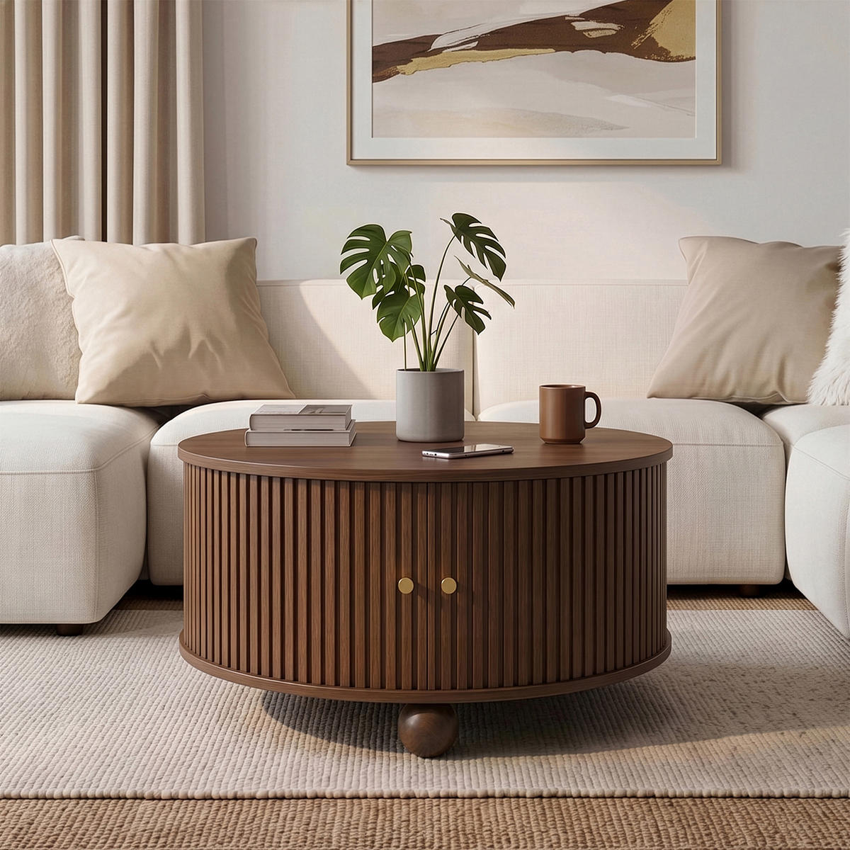 COUCHTISCH DE-37072 rund mit Reliefstruktur und 2 Schiebetüren Nussbaum - Walnussfarben, Holzwerkstoff (72/72/38cm) - ComfortXL