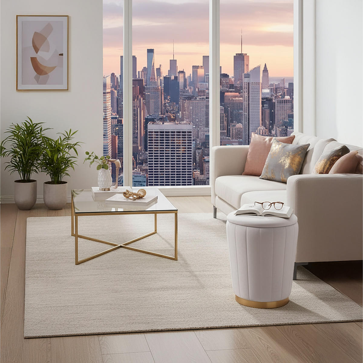 HOCKER Beige Samt mit Stauraum Metallfuß Gold - Beige, Holzwerkstoff/Textil (32/42/32cm) - Relaxdays