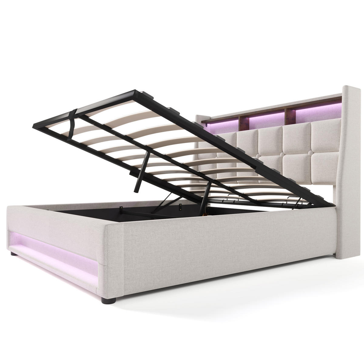 POLSTERBETT 160/200 cm Beige mit LED-Beleuchtung, USB und Stauraum - Beige, Textil (160/200cm) - Flora Grace