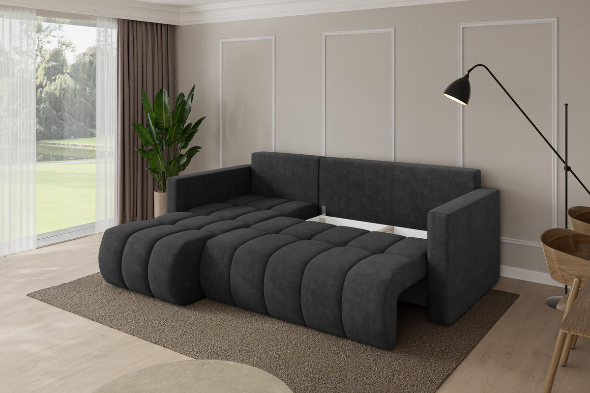 ROHOVÁ SEDAČKA s funkcí spaní, otoman vlevo GARD-L 226x146x85 tmavě šedá velur - černá/antracitová, kompozitní dřevo/textil (226/146cm) - ALTDECOR