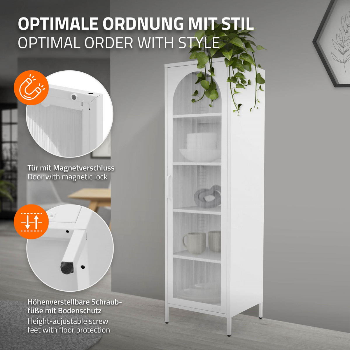 VITRINENSCHRANK 45x145x35 cm Weiß aus Stahl - Weiß, Metall (45/145/35cm) - ML-DESIGN