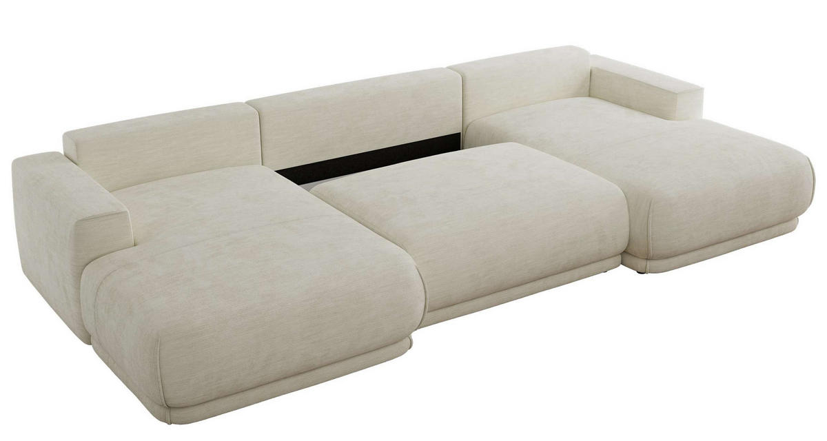 WOHNLANDSCHAFT RINA U Creme Schenille glatt - Creme/Schwarz, Kunststoff/Textil (360/85/170cm) - MKS