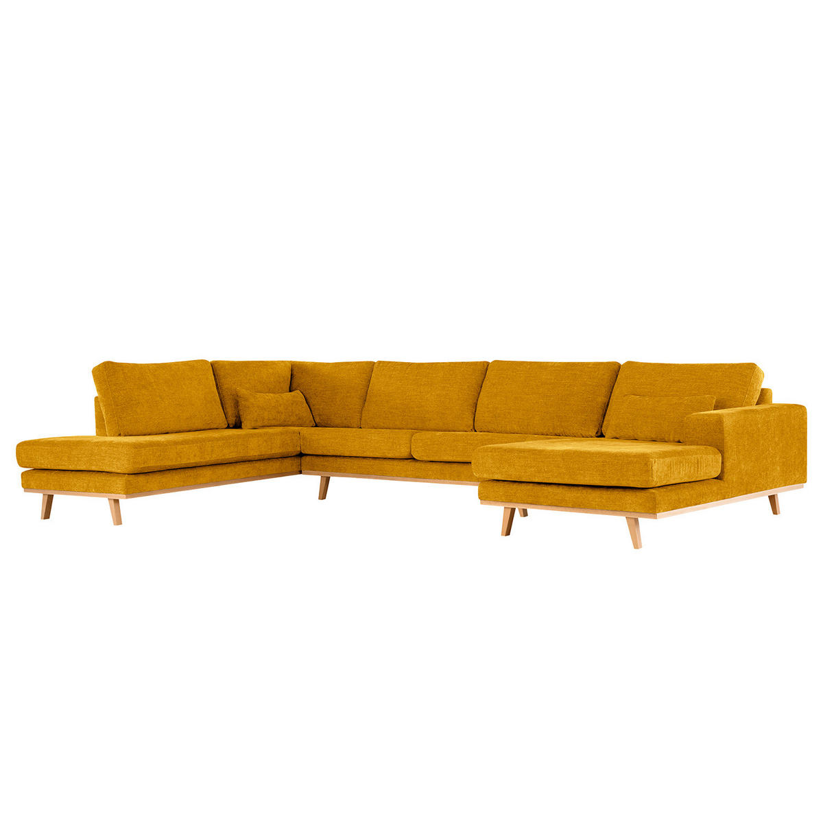 WOHNLANDSCHAFT mit Longchair - Gelb/Buchefarben, Buchenholz/Textil (371/81/219cm) - home24