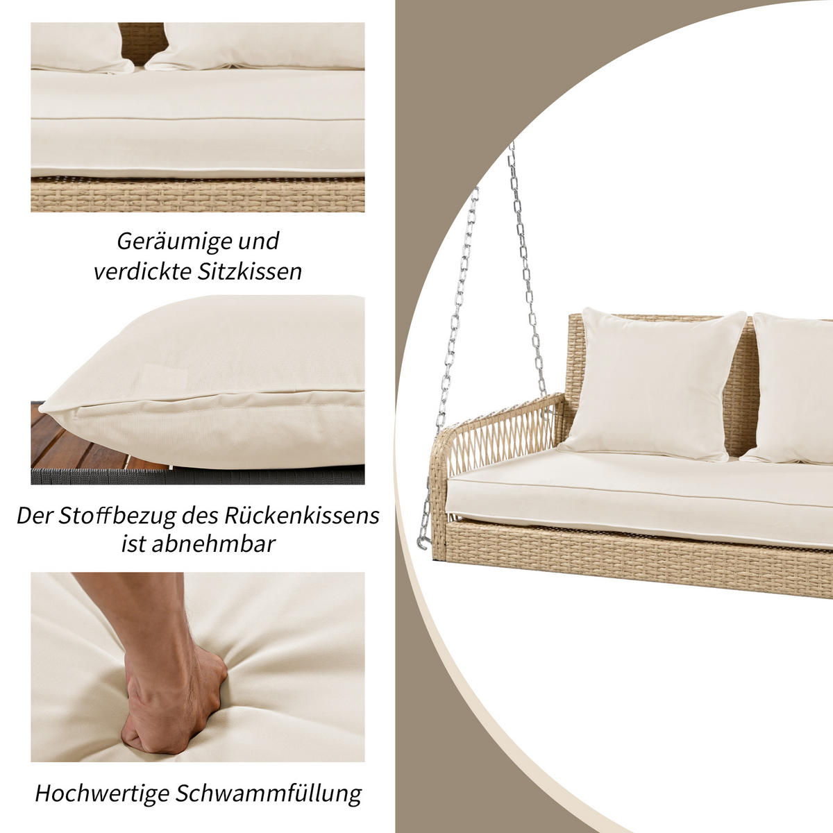 HOLLYWOODSCHAUKELL 2-Sitzer Beiges Rattan Mit Waschbaren Kissen - Beige, Naturmaterialien (54/53/114cm) - FLIEKS